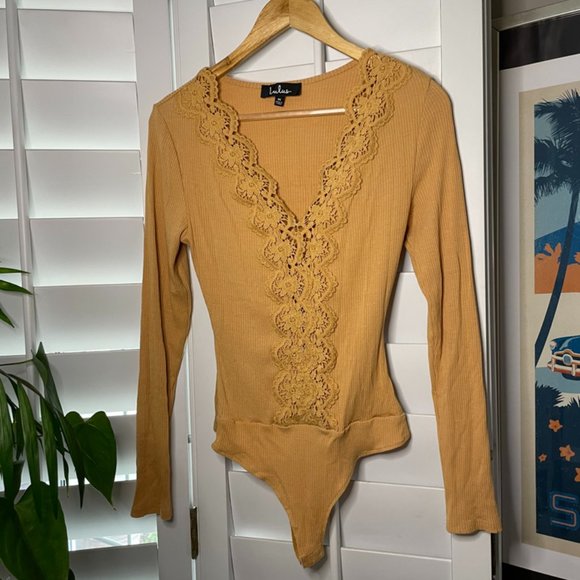 Lulu's - Yellow Lace Long Sleeve Bodysuit (Large) - Picture 1 of 11